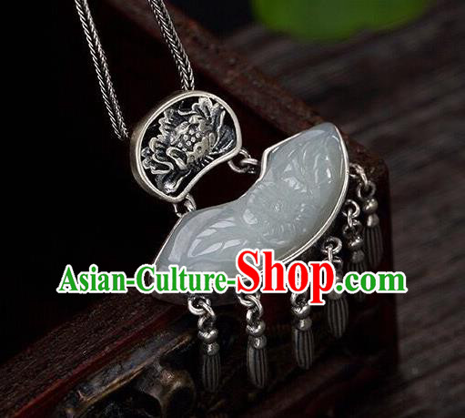 Handmade China Jade Carving Peony Tassel Pendant Accessories Classical Cheongsam Silver Necklace Jewelry Handmade China Jade Carving Peony Tassel Pendant Accessories Classical Cheongsam Silver Necklace Jewelry