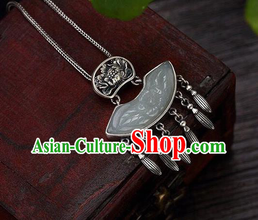 Handmade China Jade Carving Peony Tassel Pendant Accessories Classical Cheongsam Silver Necklace Jewelry Handmade China Jade Carving Peony Tassel Pendant Accessories Classical Cheongsam Silver Necklace Jewelry