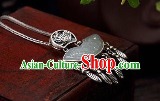 Handmade China Jade Carving Peony Tassel Pendant Accessories Classical Cheongsam Silver Necklace Jewelry Handmade China Jade Carving Peony Tassel Pendant Accessories Classical Cheongsam Silver Necklace Jewelry