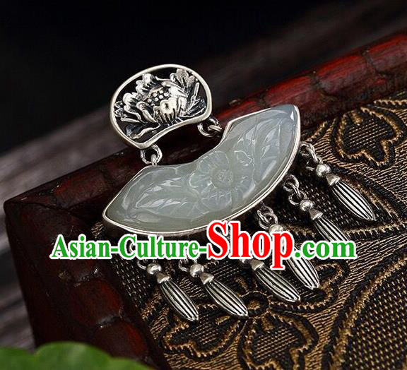 Handmade China Jade Carving Peony Tassel Pendant Accessories Classical Cheongsam Silver Necklace Jewelry Handmade China Jade Carving Peony Tassel Pendant Accessories Classical Cheongsam Silver Necklace Jewelry