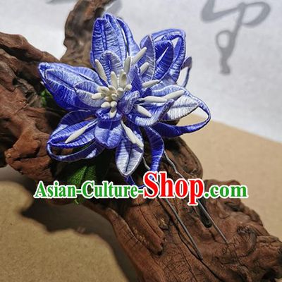 China Traditional Hanfu Flower Hairpin Handmade Blue Silk Epiphyllum Hair Stick
