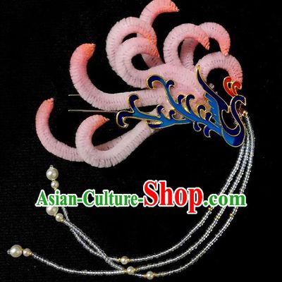 China Handmade Beads Tassel Phoenix Hair Stick Traditional Ancient Ming Dynasty Empress Pink Velvet Hairpin