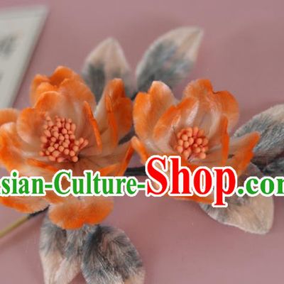 China Handmade Hanfu Hair Stick Traditional Ancient Qing Dynasty Court Woman Orange Velvet Peony Hairpin