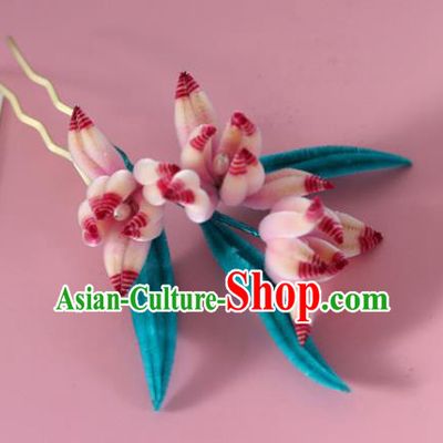 China Handmade Velvet Orchids Hair Stick Traditional Ancient Hanfu Hairpin