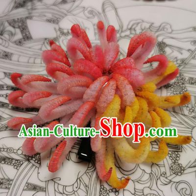 China Handmade Hair Claw Traditional Hanfu Hairpin Ancient Princess Pink Velvet Chrysanthemum Hair Stick
