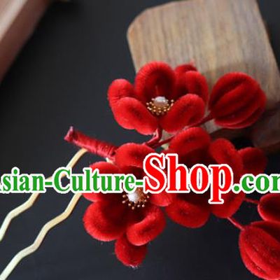 China Handmade Red Velvet Plum Blossom Hair Stick Traditional Ancient Qing Dynasty Princess Hairpin