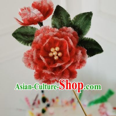 China Handmade Red Velvet Peony Hair Stick Traditional Ancient Qing Dynasty Princess Flowers Hairpin