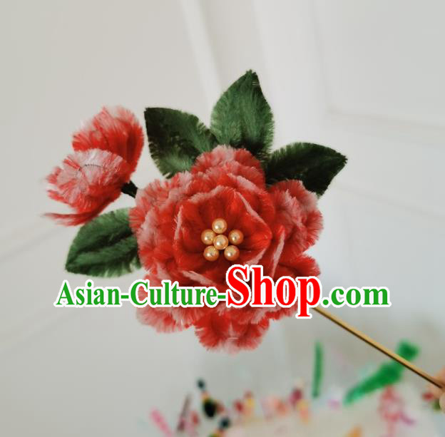 China Handmade Red Velvet Peony Hair Stick Traditional Ancient Qing Dynasty Princess Flowers Hairpin China Handmade Red Velvet Peony Hair Stick Traditional Ancient Qing Dynasty Princess Flowers Hairpin