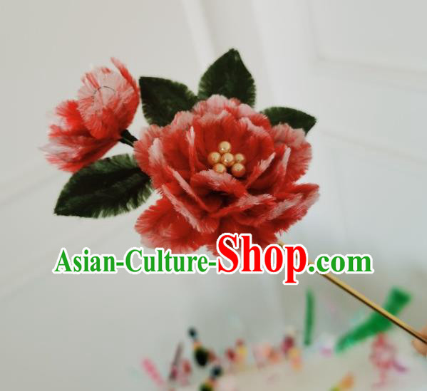 China Handmade Red Velvet Peony Hair Stick Traditional Ancient Qing Dynasty Princess Flowers Hairpin China Handmade Red Velvet Peony Hair Stick Traditional Ancient Qing Dynasty Princess Flowers Hairpin