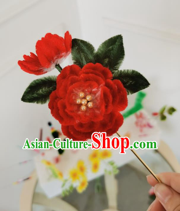China Traditional Ancient Qing Dynasty Princess Flowers Hairpin Handmade Red Velvet Peony Hair Stick China Traditional Ancient Qing Dynasty Princess Flowers Hairpin Handmade Red Velvet Peony Hair Stick