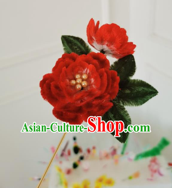 China Traditional Ancient Qing Dynasty Princess Flowers Hairpin Handmade Red Velvet Peony Hair Stick China Traditional Ancient Qing Dynasty Princess Flowers Hairpin Handmade Red Velvet Peony Hair Stick