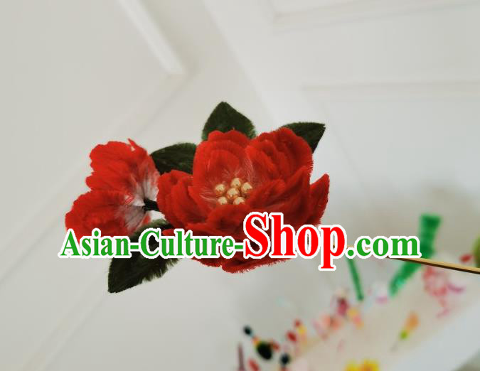China Traditional Ancient Qing Dynasty Princess Flowers Hairpin Handmade Red Velvet Peony Hair Stick China Traditional Ancient Qing Dynasty Princess Flowers Hairpin Handmade Red Velvet Peony Hair Stick