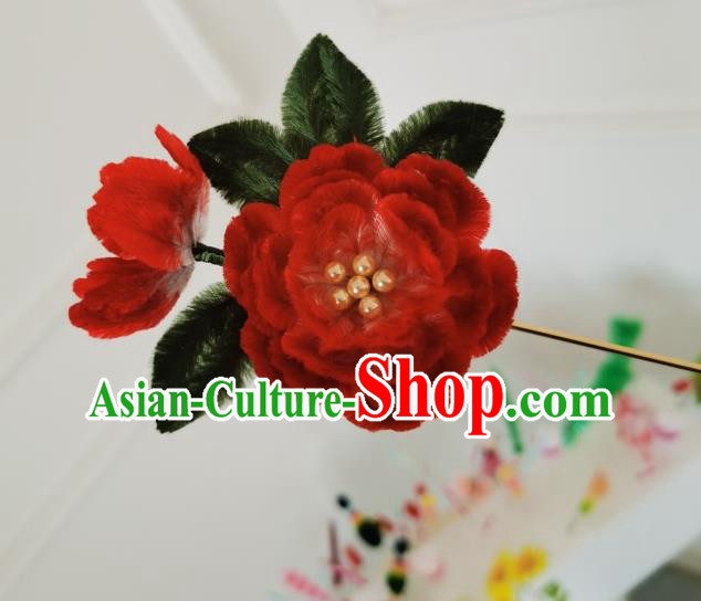 China Traditional Ancient Qing Dynasty Princess Flowers Hairpin Handmade Red Velvet Peony Hair Stick China Traditional Ancient Qing Dynasty Princess Flowers Hairpin Handmade Red Velvet Peony Hair Stick