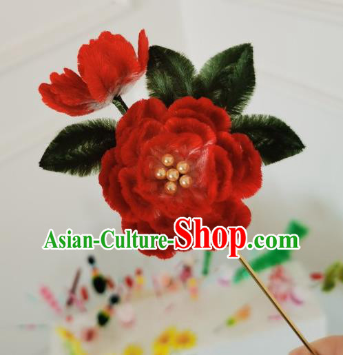 China Traditional Ancient Qing Dynasty Princess Flowers Hairpin Handmade Red Velvet Peony Hair Stick China Traditional Ancient Qing Dynasty Princess Flowers Hairpin Handmade Red Velvet Peony Hair Stick