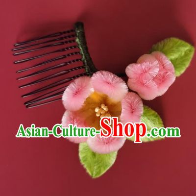 China Traditional Handmade Velvet Plum Hair Comb Ancient Princess Pink Hair Stick