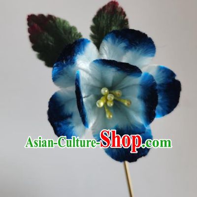 China Traditional Ancient Princess Hair Stick Handmade Blue Velvet Peach Blossom Hairpin