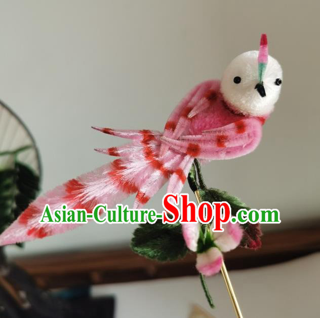 China Traditional Ancient Hanfu Hair Stick Handmade Pink Velvet Bird Hairpin China Traditional Ancient Hanfu Hair Stick Handmade Pink Velvet Bird Hairpin