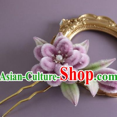 Traditional China Handmade Purple Velvet Flowers Hair Accessories Ancient Hanfu Hairpin