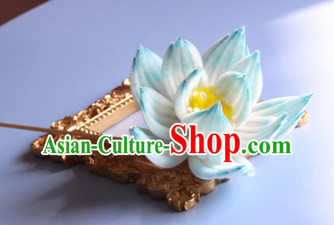 Handmade China Ancient Hanfu Hairpin Traditional Blue Velvet Lotus Hair Accessories Handmade China Ancient Hanfu Hairpin Traditional Blue Velvet Lotus Hair Accessories