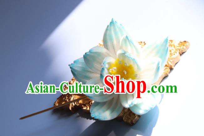 Handmade China Ancient Hanfu Hairpin Traditional Blue Velvet Lotus Hair Accessories Handmade China Ancient Hanfu Hairpin Traditional Blue Velvet Lotus Hair Accessories