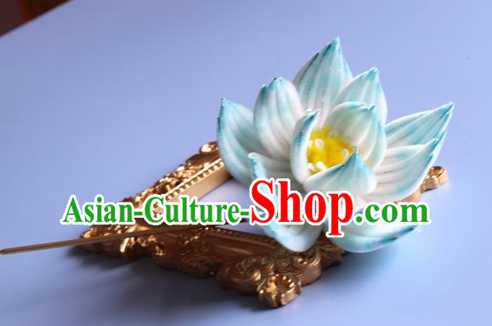 Handmade China Ancient Hanfu Hairpin Traditional Blue Velvet Lotus Hair Accessories Handmade China Ancient Hanfu Hairpin Traditional Blue Velvet Lotus Hair Accessories