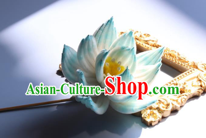 Handmade China Ancient Hanfu Hairpin Traditional Blue Velvet Lotus Hair Accessories Handmade China Ancient Hanfu Hairpin Traditional Blue Velvet Lotus Hair Accessories