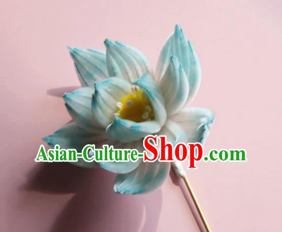 Handmade China Ancient Hanfu Hairpin Traditional Blue Velvet Lotus Hair Accessories Handmade China Ancient Hanfu Hairpin Traditional Blue Velvet Lotus Hair Accessories