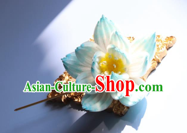 Handmade China Ancient Hanfu Hairpin Traditional Blue Velvet Lotus Hair Accessories Handmade China Ancient Hanfu Hairpin Traditional Blue Velvet Lotus Hair Accessories