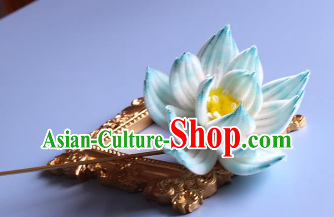Handmade China Ancient Hanfu Hairpin Traditional Blue Velvet Lotus Hair Accessories Handmade China Ancient Hanfu Hairpin Traditional Blue Velvet Lotus Hair Accessories