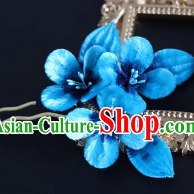 Handmade China Ancient Blue Velvet Plum Blossom Hairpin Traditional Hanfu Hair Accessories