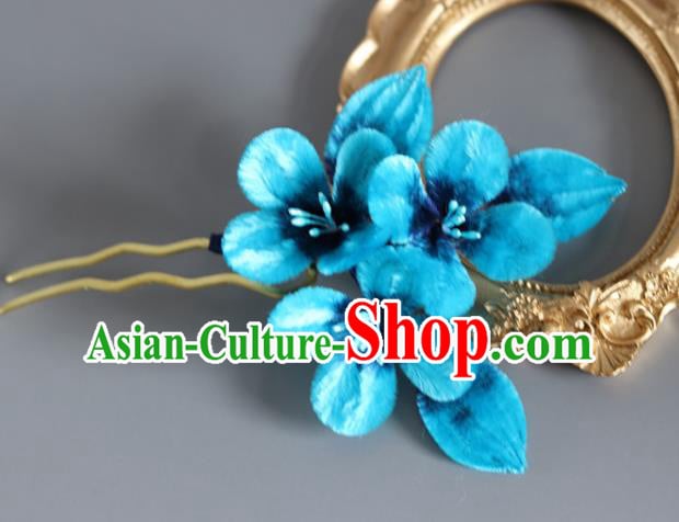 Handmade China Ancient Blue Velvet Plum Blossom Hairpin Traditional Hanfu Hair Accessories Handmade China Ancient Blue Velvet Plum Blossom Hairpin Traditional Hanfu Hair Accessories