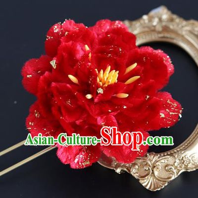 Handmade China Traditional Wedding Hanfu Hair Accessories Ancient Red Velvet Peony Hairpin