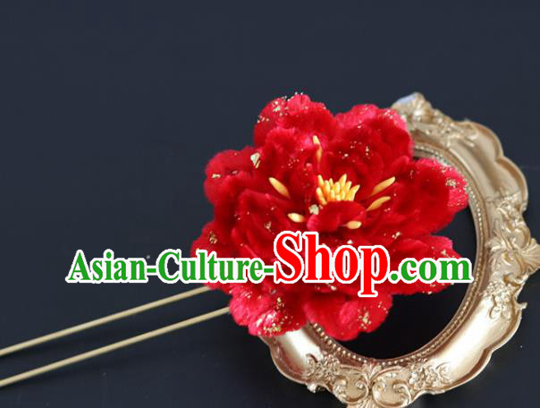 Handmade China Traditional Wedding Hanfu Hair Accessories Ancient Red Velvet Peony Hairpin Handmade China Traditional Wedding Hanfu Hair Accessories Ancient Red Velvet Peony Hairpin