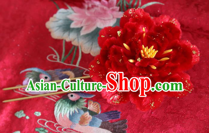 Handmade China Traditional Wedding Hanfu Hair Accessories Ancient Red Velvet Peony Hairpin Handmade China Traditional Wedding Hanfu Hair Accessories Ancient Red Velvet Peony Hairpin