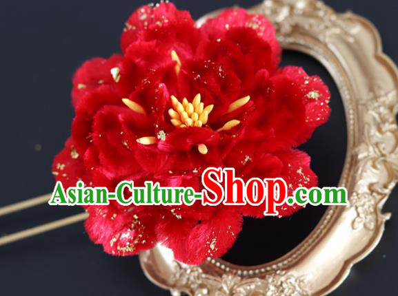 Handmade China Traditional Wedding Hanfu Hair Accessories Ancient Red Velvet Peony Hairpin Handmade China Traditional Wedding Hanfu Hair Accessories Ancient Red Velvet Peony Hairpin