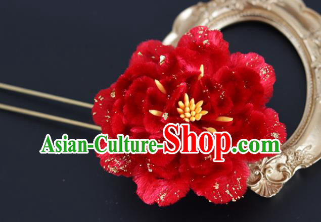 Handmade China Traditional Wedding Hanfu Hair Accessories Ancient Red Velvet Peony Hairpin Handmade China Traditional Wedding Hanfu Hair Accessories Ancient Red Velvet Peony Hairpin