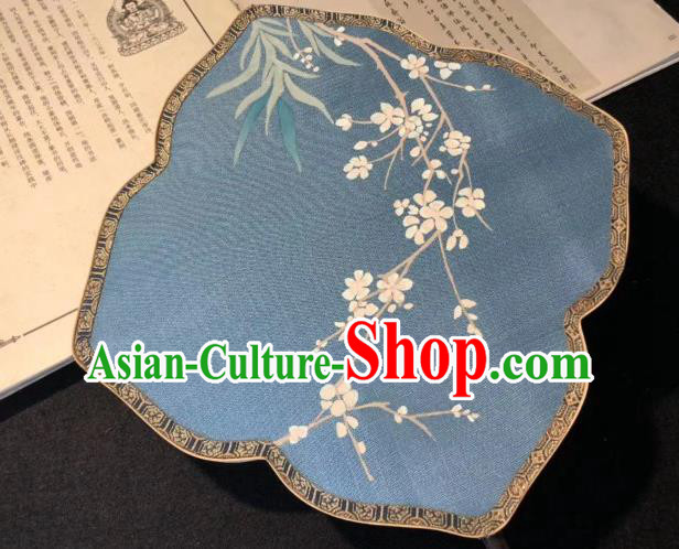 China Traditional Blue Silk Palace Fan Hand Painting Plum Blossom Fan China Traditional Blue Silk Palace Fan Hand Painting Plum Blossom Fan