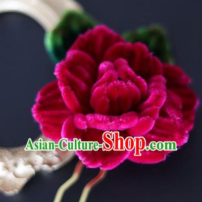 Handmade China Traditional Hanfu Hair Accessories Hair Stick Ancient Court Rosy Velvet Rose Hairpin