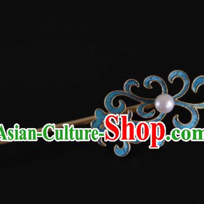 Handmade China Traditional Qing Dynasty Pearl Hair Accessories Blueing Hair Stick Ancient Court Lady Hairpin