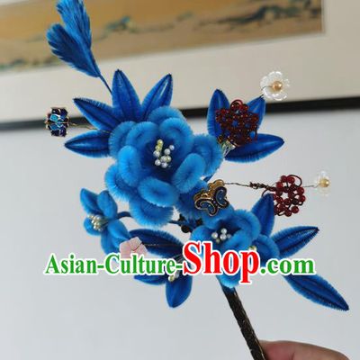 China Ancient Palace Lady Blue Velvet Plum Hairpin Traditional Hanfu Hair Accessories Handmade Garnet Beads Hair Stick