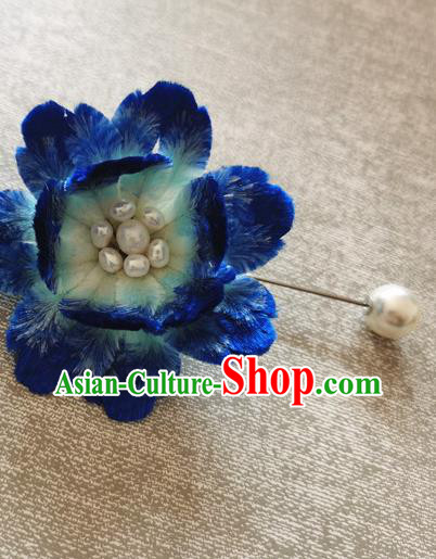 Handmade China Traditional Cheongsam Pearls Accessories Classical Blue Velvet Peony Brooch Handmade China Traditional Cheongsam Pearls Accessories Classical Blue Velvet Peony Brooch