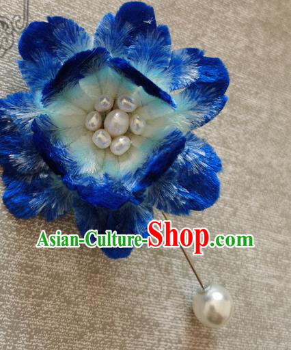 Handmade China Traditional Cheongsam Pearls Accessories Classical Blue Velvet Peony Brooch Handmade China Traditional Cheongsam Pearls Accessories Classical Blue Velvet Peony Brooch