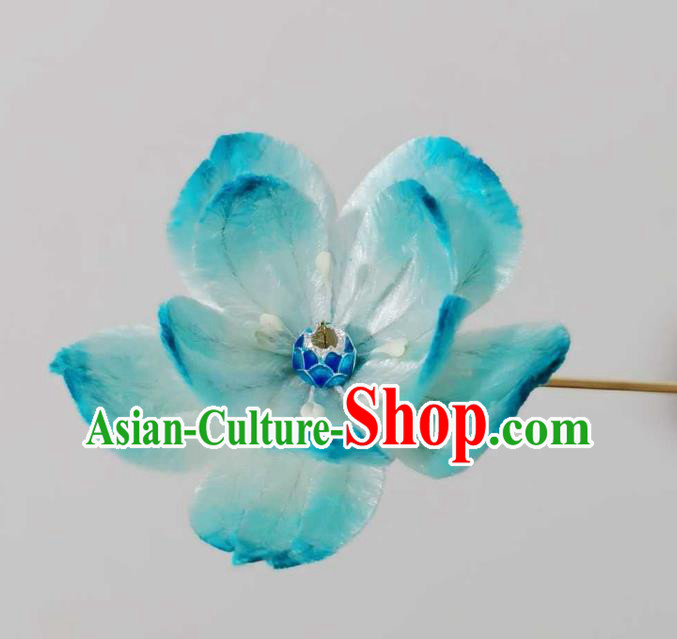 China Traditional Ancient Court Cloisonne Lotus Hairpin Classical Hanfu Blue Velvet Hair Stick China Traditional Ancient Court Cloisonne Lotus Hairpin Classical Hanfu Blue Velvet Hair Stick