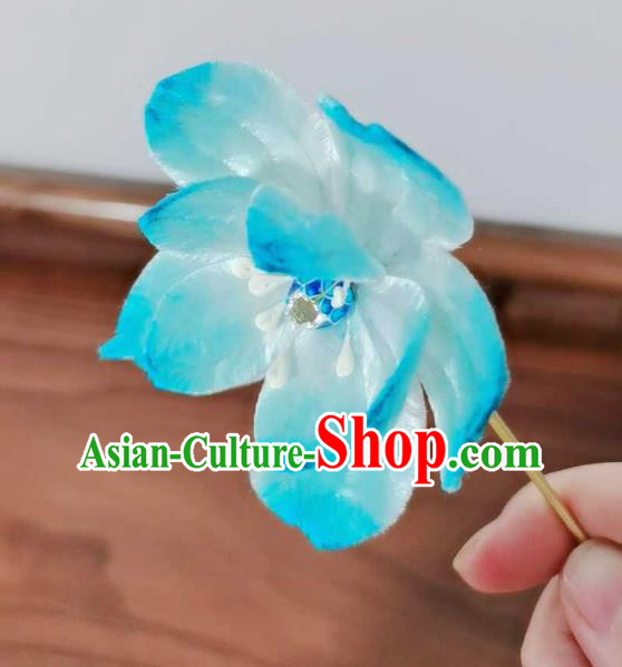 China Traditional Ancient Court Cloisonne Lotus Hairpin Classical Hanfu Blue Velvet Hair Stick China Traditional Ancient Court Cloisonne Lotus Hairpin Classical Hanfu Blue Velvet Hair Stick