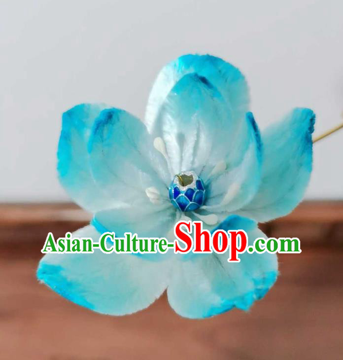 China Traditional Ancient Court Cloisonne Lotus Hairpin Classical Hanfu Blue Velvet Hair Stick China Traditional Ancient Court Cloisonne Lotus Hairpin Classical Hanfu Blue Velvet Hair Stick