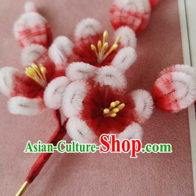 China Classical Hanfu Velvet Hair Stick Traditional Ancient Court Red Plum Blossom Hairpin