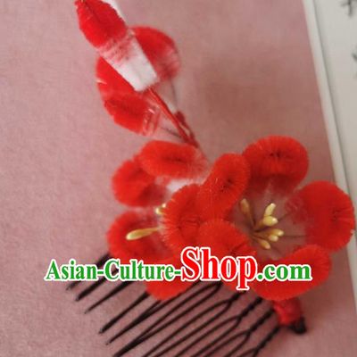 China Classical Hanfu Red Velvet Hair Comb Traditional Ancient Court Plum Blossom Hair Stick