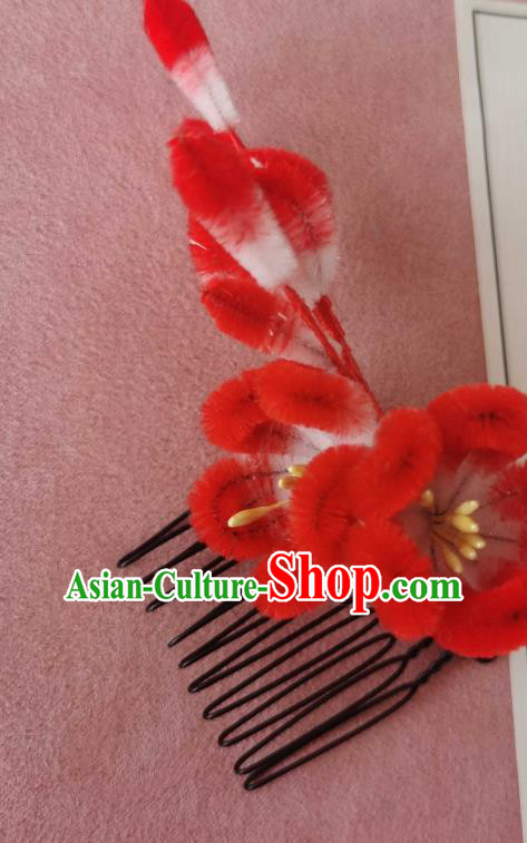 China Classical Hanfu Red Velvet Hair Comb Traditional Ancient Court Plum Blossom Hair Stick China Classical Hanfu Red Velvet Hair Comb Traditional Ancient Court Plum Blossom Hair Stick