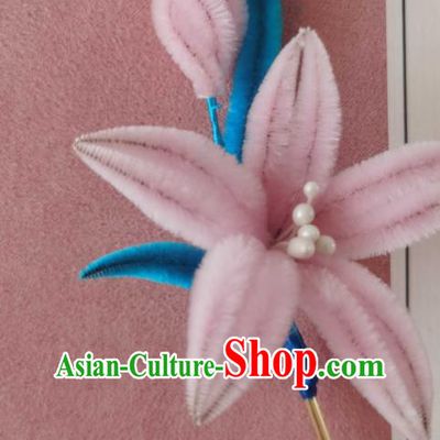China Classical Hanfu Pink Velvet Lily Flower Hair Stick Traditional Ancient Court Lady Hairpin