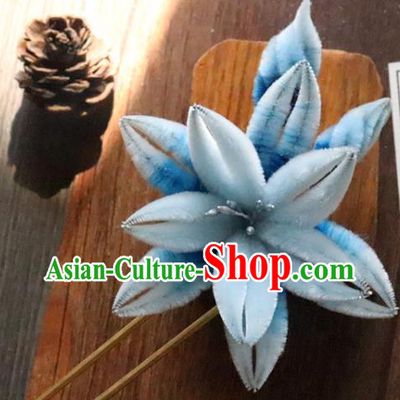 China Classical Hanfu Blue Velvet Hairpin Traditional Ancient Court Lady Orchids Hair Stick